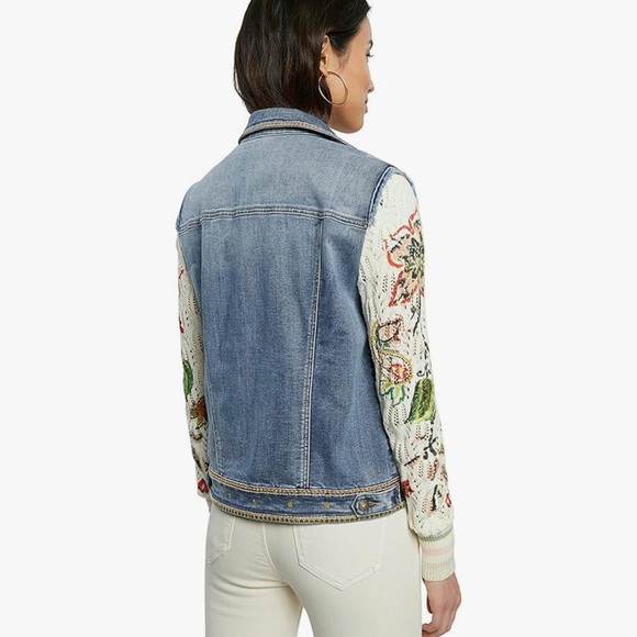 Desigual Pakaian Jadi Wanita Denim Jacket with Knit Sleeves Floral Embroidery 36 - Picture 3 of 8